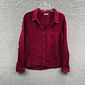 Three Dots Womens Top Medium Burgundy Button Front‎ Long Sleeve Shirt Pocket